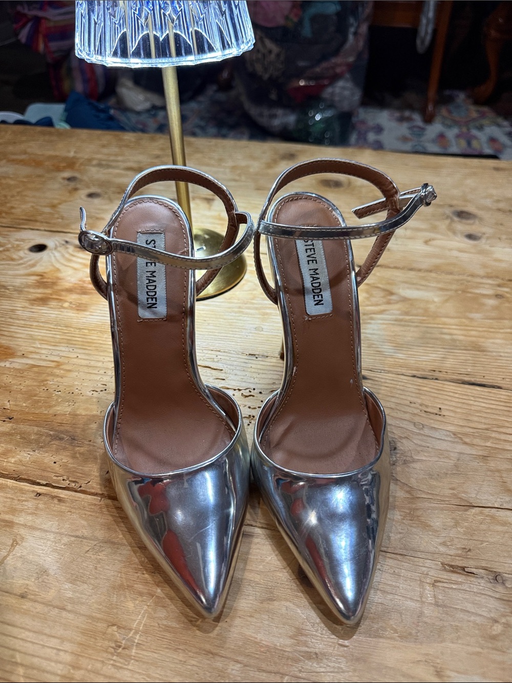 Steve Madden Metallic Silver Pointed-Toe Ankle Strap Heels